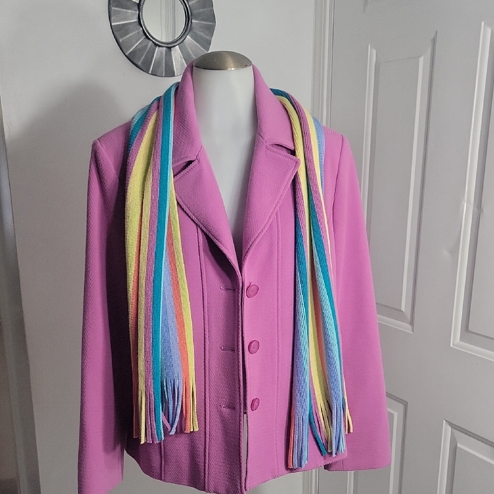 R.Q.T Pink Coat Classic Lapel Collar Button Down With Colorful Scarf Size 16